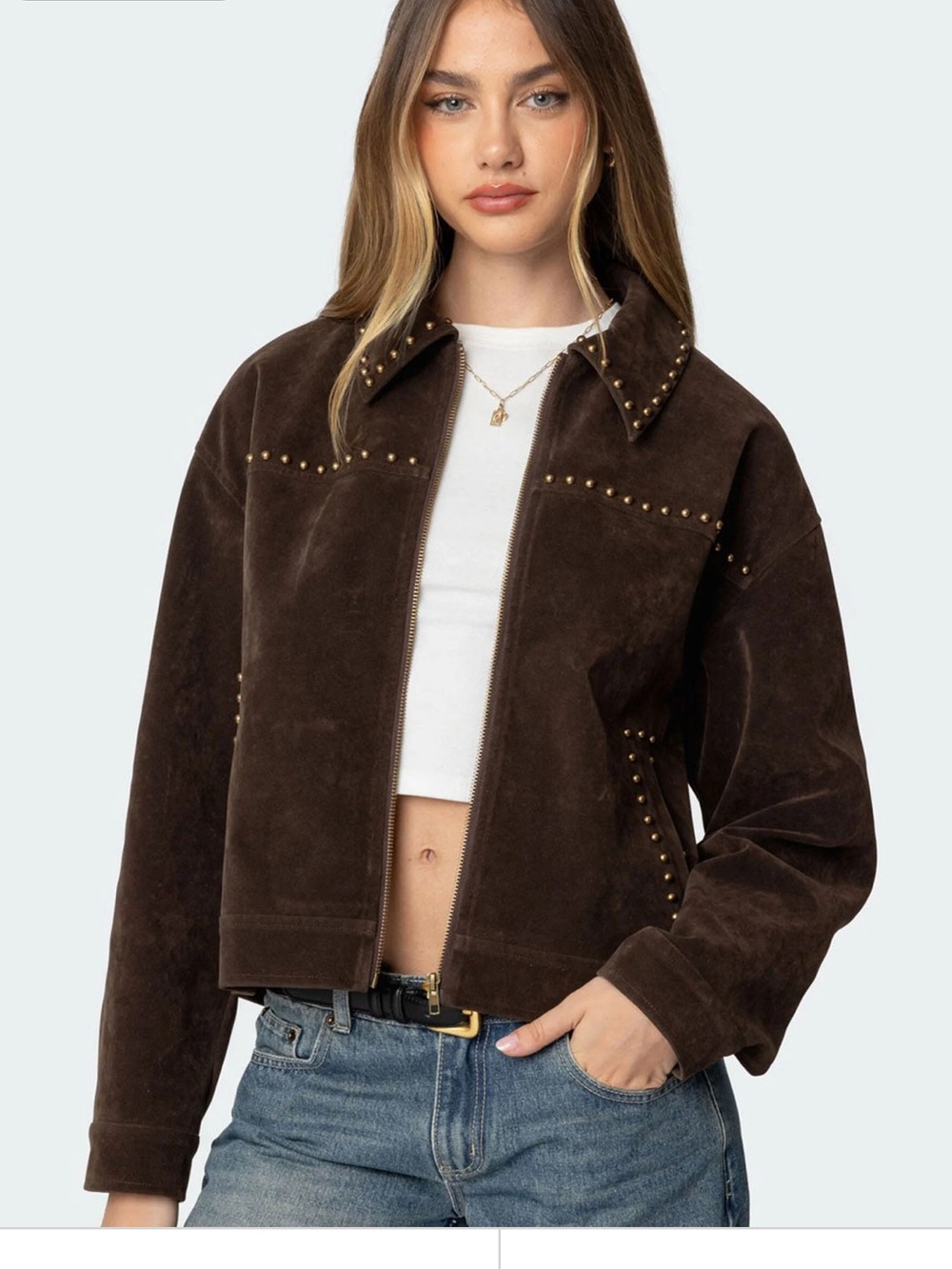 Edikted Memphis Studded Faux Suede Western Cowboy Jacket Brown NWT Size S - Picture 3 of 11